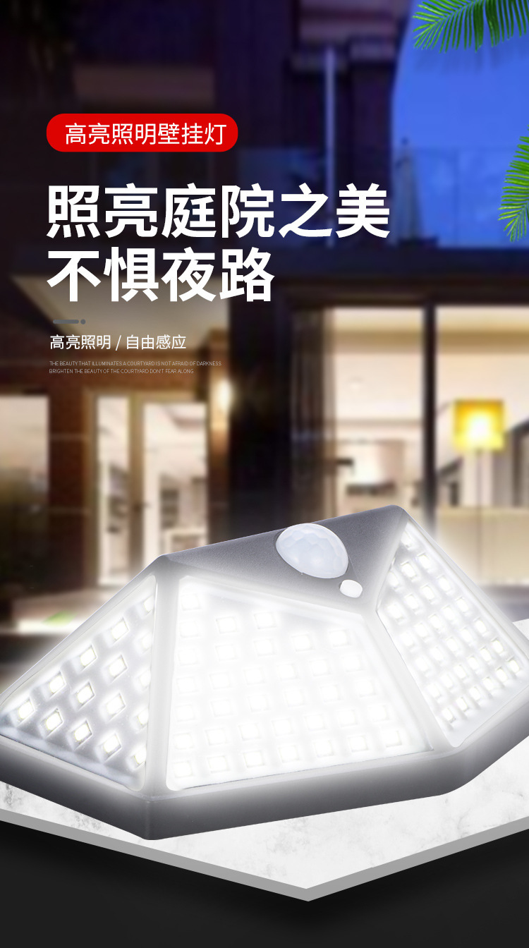 Cross-border 100led solar wall lamp, human body sensing light control, waterproof garden lamp, outdoor small street lamp, solar lamp pic 4