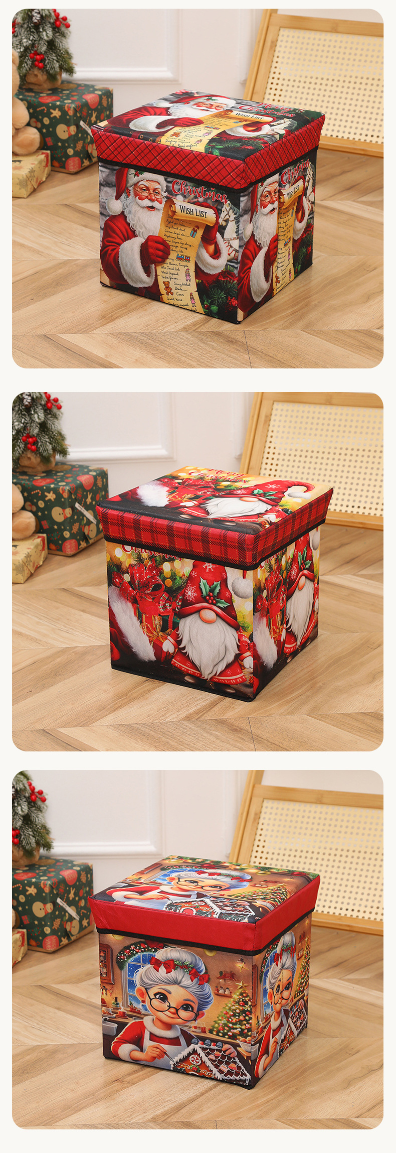 Cross-border Christmas large-capacity storage box, digital printing laminated storage stool, multi-functional covered folding storage stool pic 7