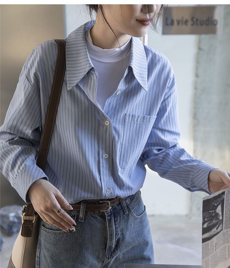蓝色条纹衬衫女2025春秋新款设计感小众宽松显瘦春秋外穿长袖衬衣详情7