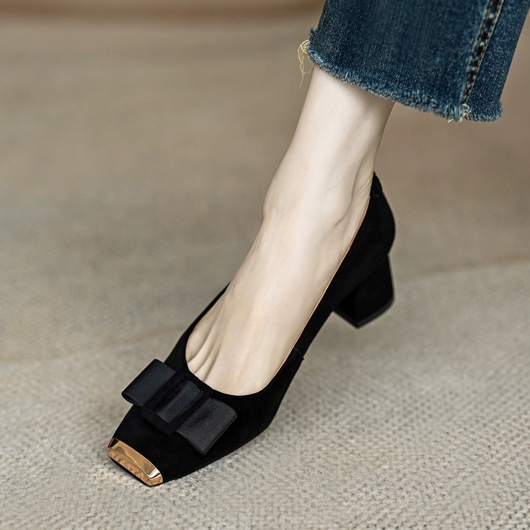 法式复古时尚蝴蝶结浅口单鞋女春秋新款方头中跟粗跟百搭高跟瓢鞋详情8