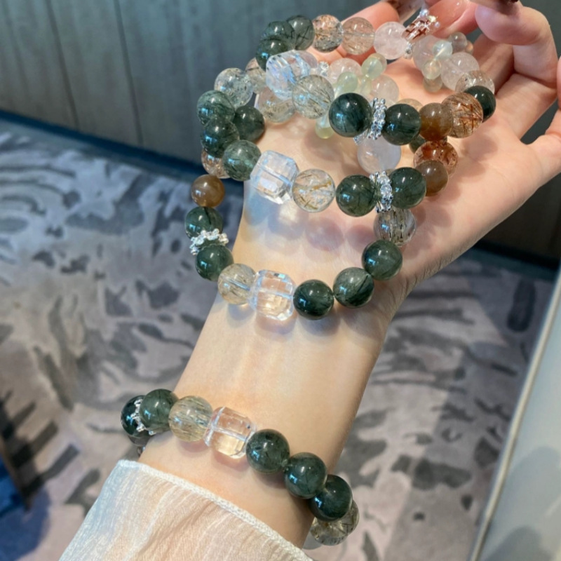 天然绿发晶黑金超白幽灵白水晶方糖手串葡萄石招财喜金水木女详情45
