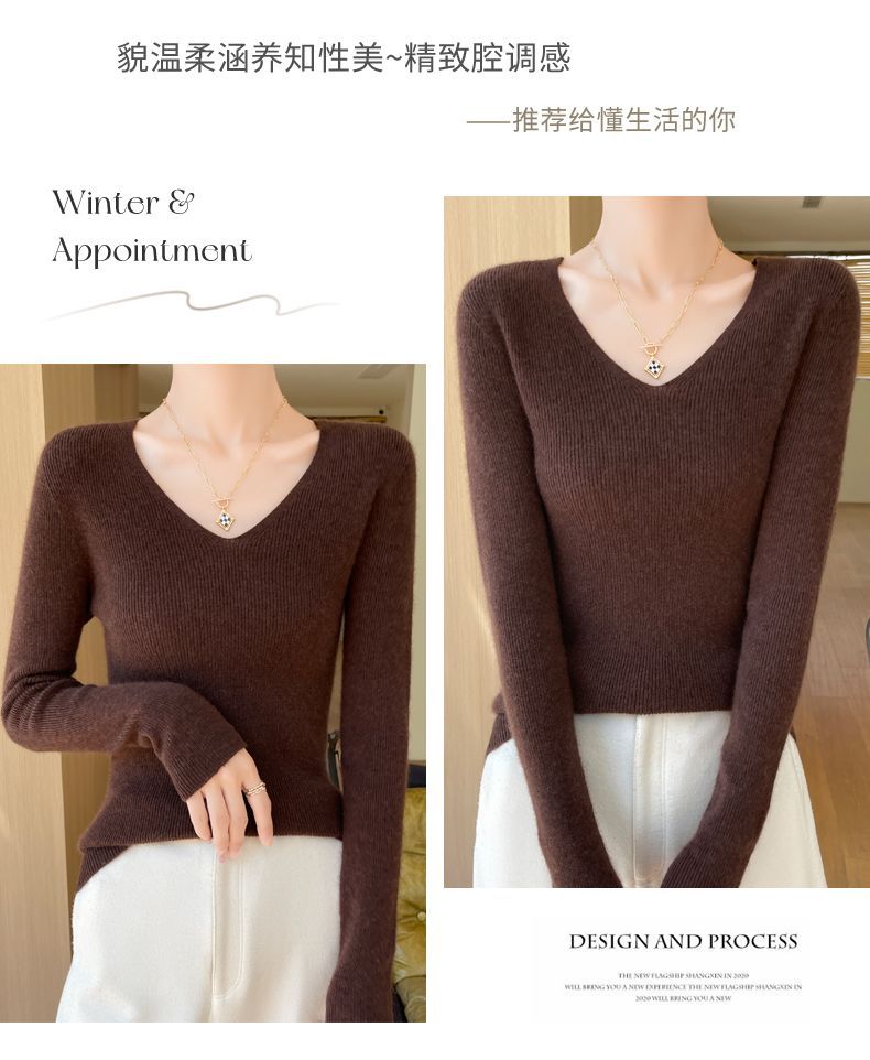 This autumn and winter new style of wool sweater features a V-neck that is slimming and versatile. It is a long-sleeved, casual and elegant sweater with a base layer of knitted sweater for women pic 29