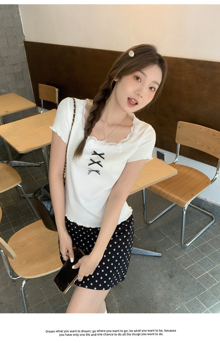 新款芭蕾风蕾丝拼接U领短袖T恤春季女装蝴蝶结木耳边气质绝美上衣详情11