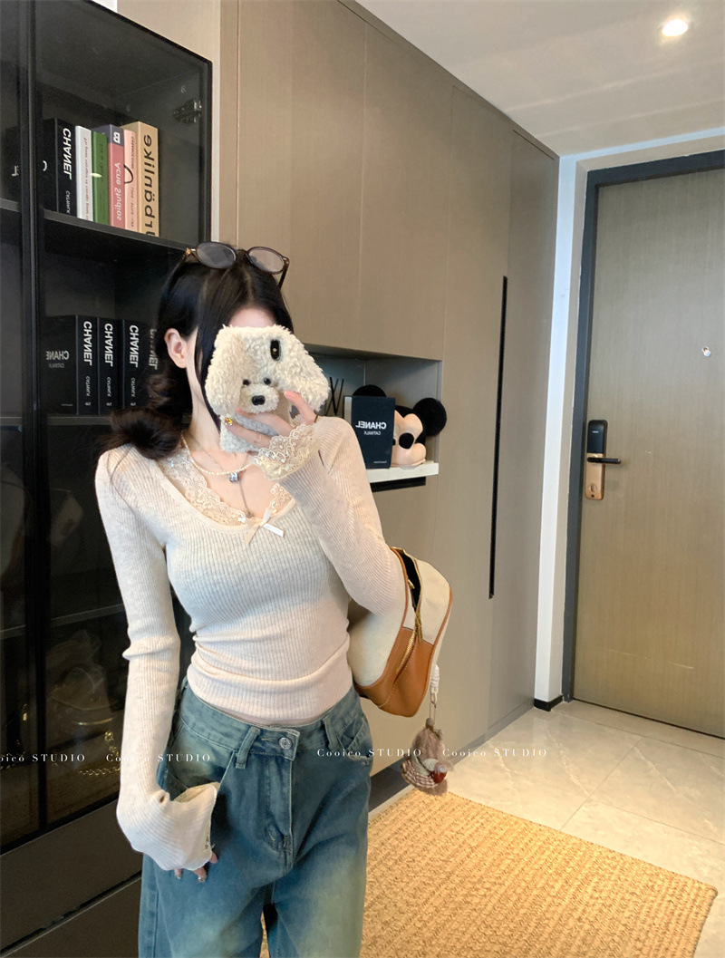 6035#复古蕾丝拼接针织衫新款修身显瘦纯欲风内搭打底长袖上衣女详情28