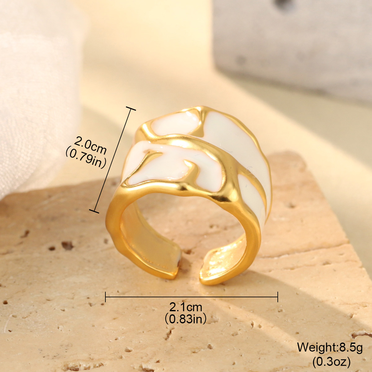 French geometric metal minimalist earrings with an irregular texture, white lava ring and enamel adjustable joints pic 18