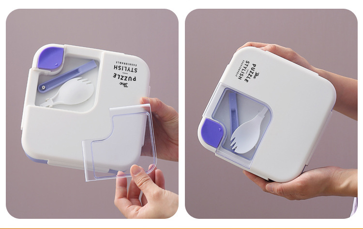Student and office worker lunch box, plastic compartments, square, portable lunch box with tableware, microwave bento box pic 13