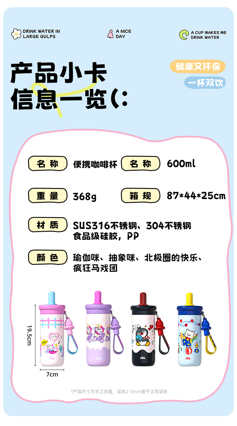 高颜值女随行保温杯学生冰霸杯陶瓷内胆卡通款大容量水杯吸管水杯详情14