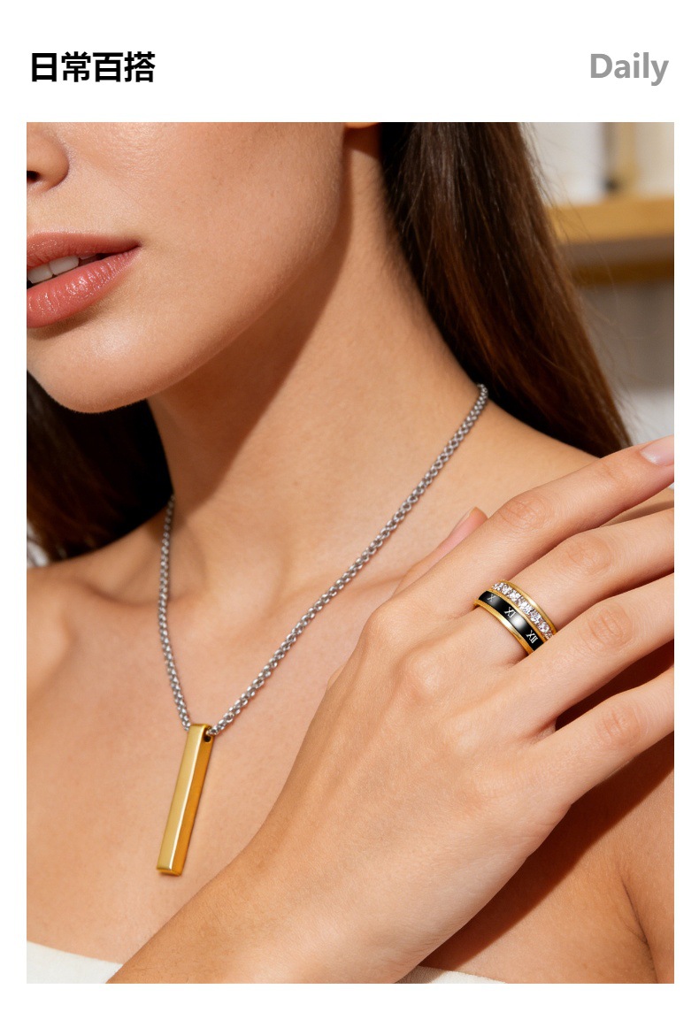 Three pieces of fashionable stainless steel rings, bracelets and necklaces with Roman numerals for cross-border European and American women pic 4