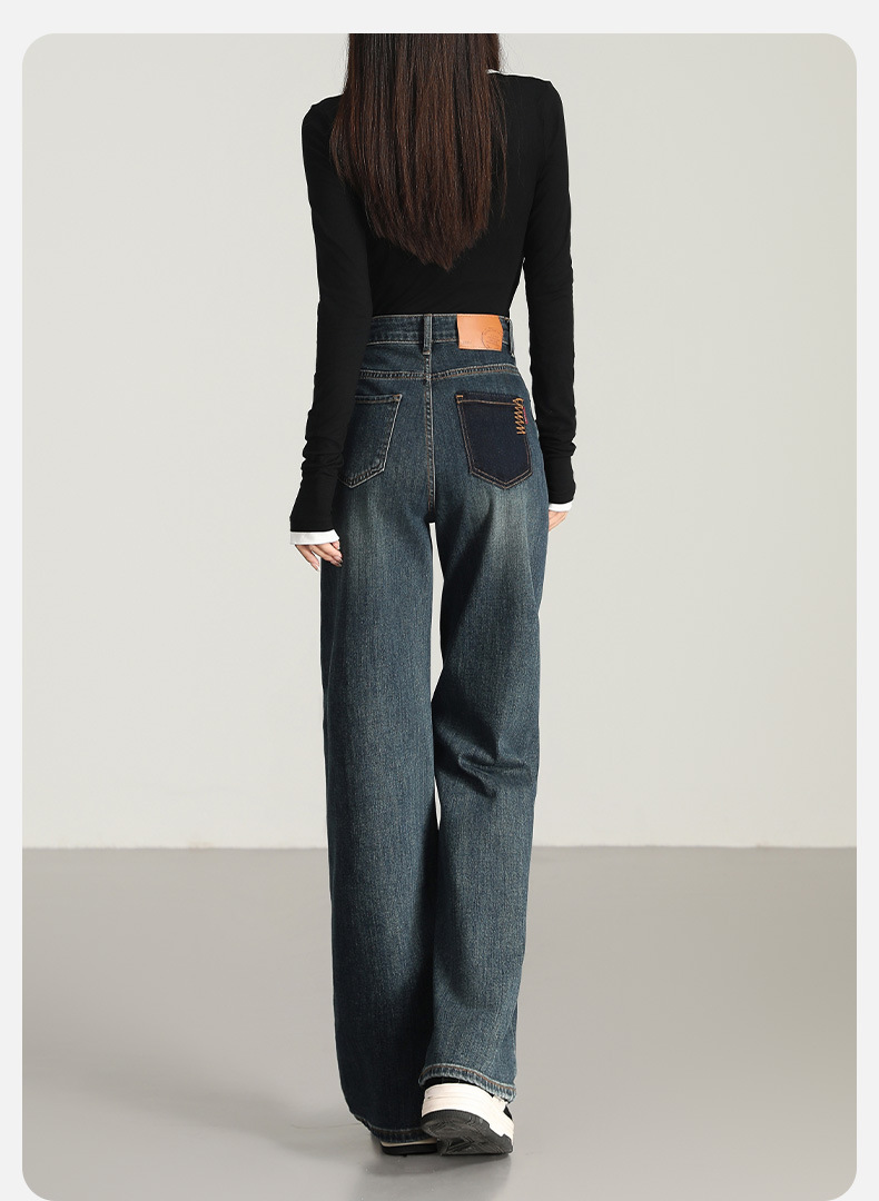 2025四季新款弹力高腰窄版遮肉显瘦刺绣阔腿牛仔裤休闲百搭拖地裤详情12