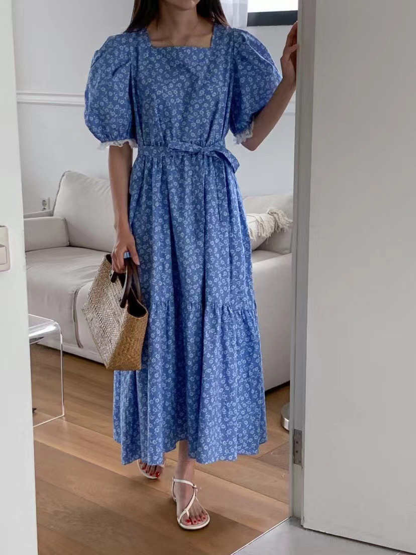 韩国东大门2023夏季新款时尚碎花蕾丝拼接圆领长款休闲连衣裙女详情3