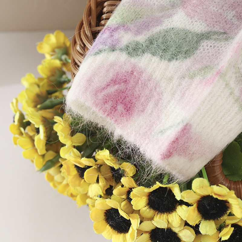 Flower Fairy Watercolor printed long-haired alpaca wool knitted sweater for spring, new wool round-neck pullover sweater for women pic 9