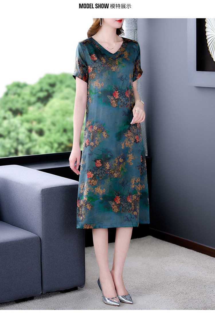重磅真丝连衣裙女2024夏装新款宽松阔太太中老年妈妈装桑蚕丝裙子详情10