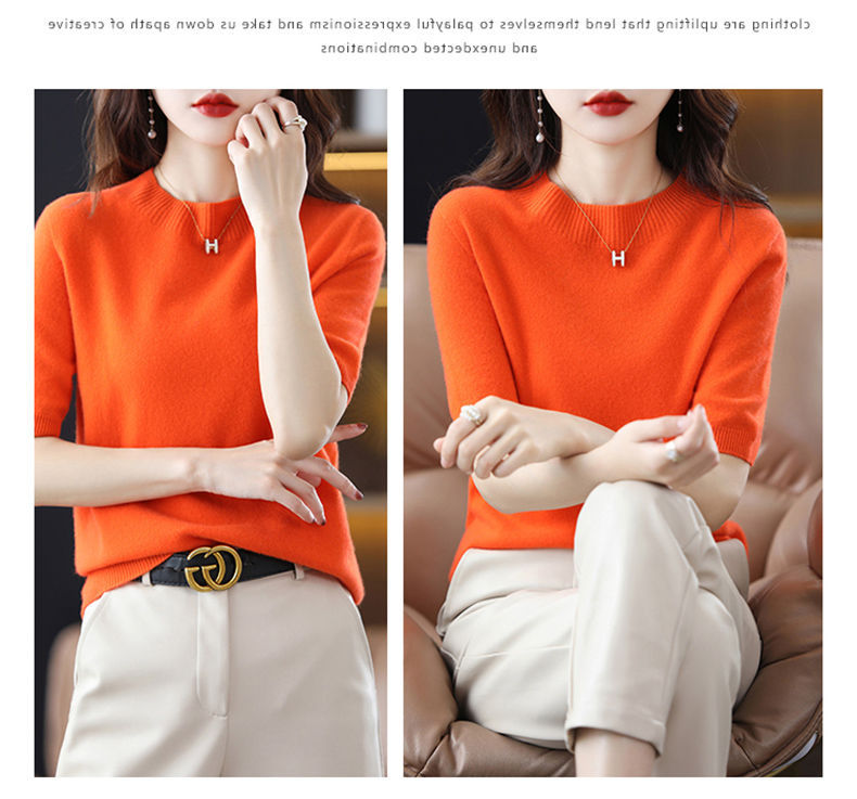 A semi-high-neck casual knitted sweater for women in spring 2023, in a solid color, paired with a half-sleeved base layer sweater T-shirt pic 9