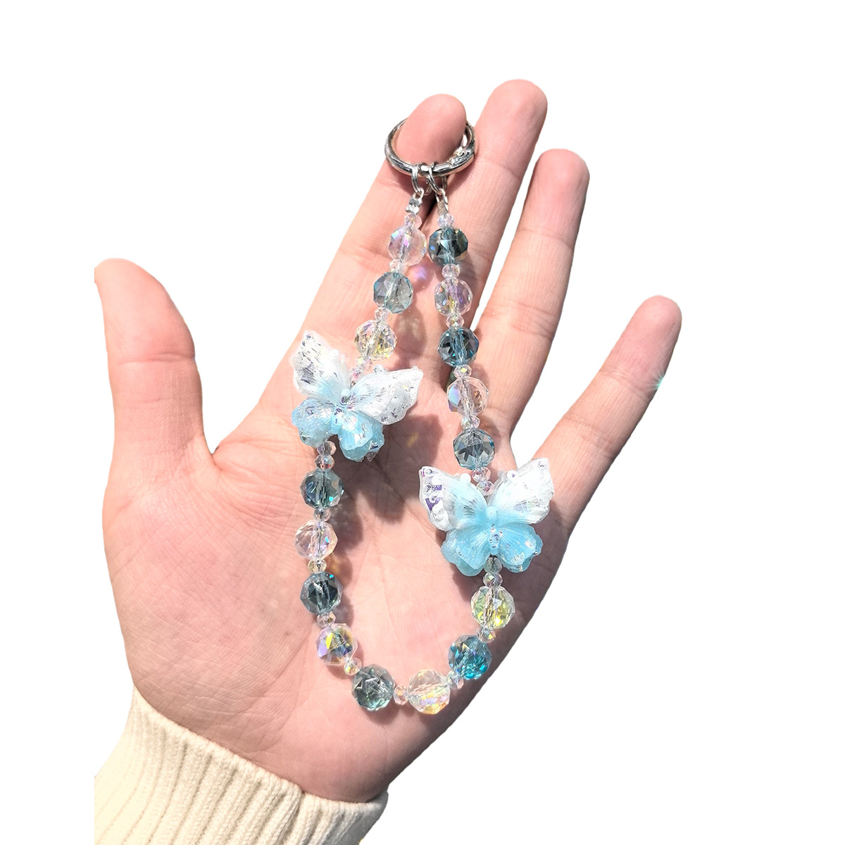 春日晕染梦幻闪粉蝴蝶手机链水晶串珠钥匙扣幻彩渐变手机包包挂饰详情1