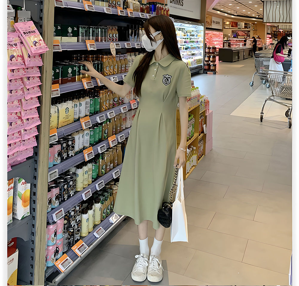 夏季POLO领短袖连衣裙女收腰显瘦过膝长裙学院风中长款休闲A字裙详情8