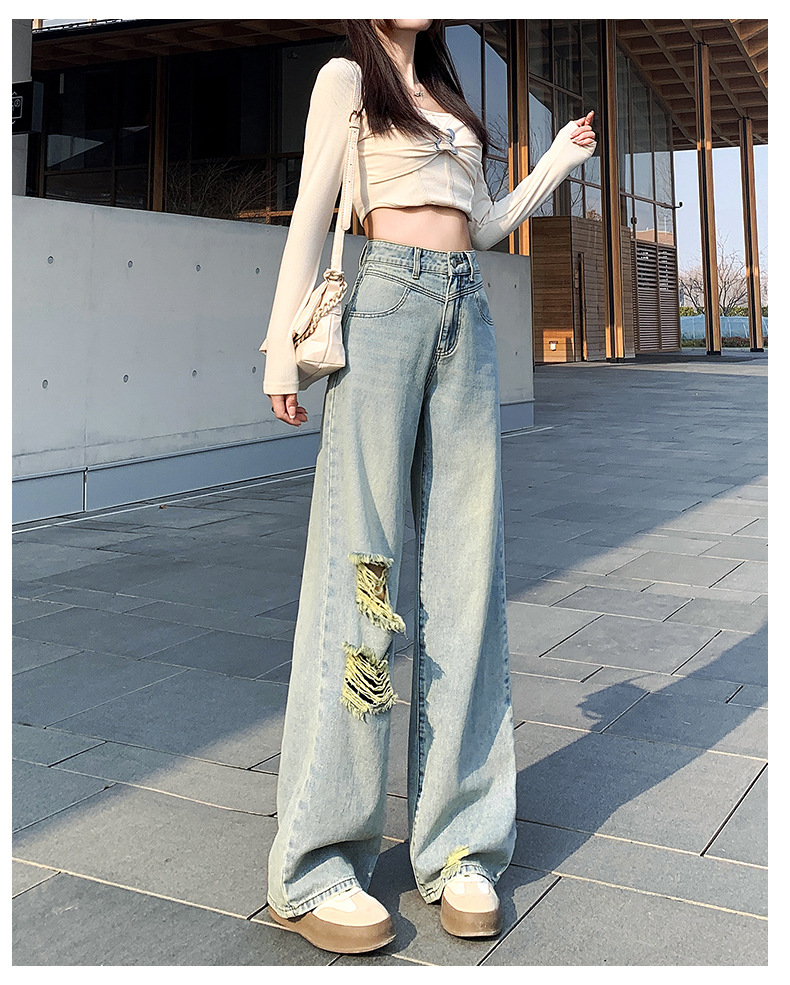 破洞直筒牛仔裤女高腰显瘦2025春季新款小个子复古阔腿宽松长裤子详情22