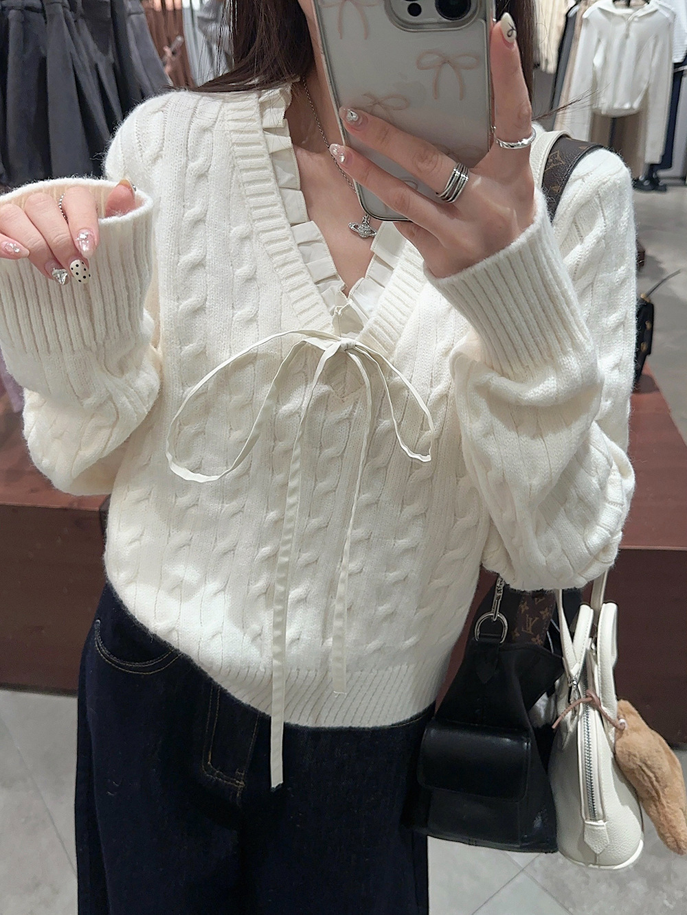 韩系学院风设计感假两件长袖毛衣针织衫女冬季蓝色温柔风修身上衣详情29