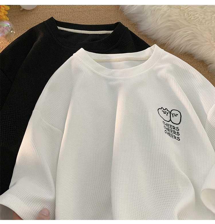 Waffle large-sized short-sleeved T-shirt for men, summer Korean style trendy clothing, printed loose half-sleeved American heavyweight T-shirt pic 13