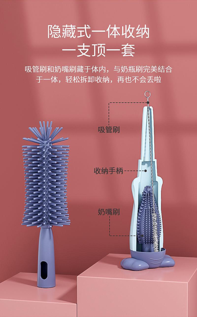 Three-piece set of baby bottle brush, special silicone pacifier brush for babies, portable bottle cleaning, 360-degree cleaning set pic 5