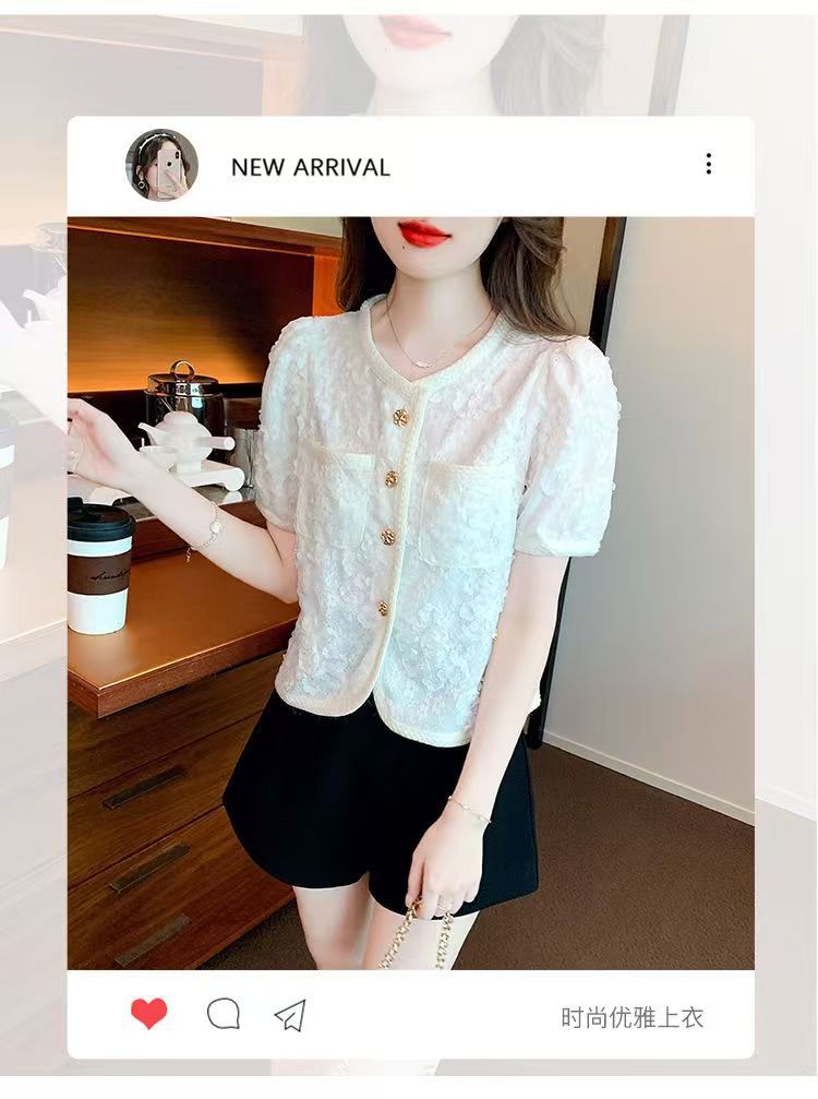 小香风圆领雪纺短袖衬衫女2025夏新款高级感蕾丝气质修身短款上衣详情11