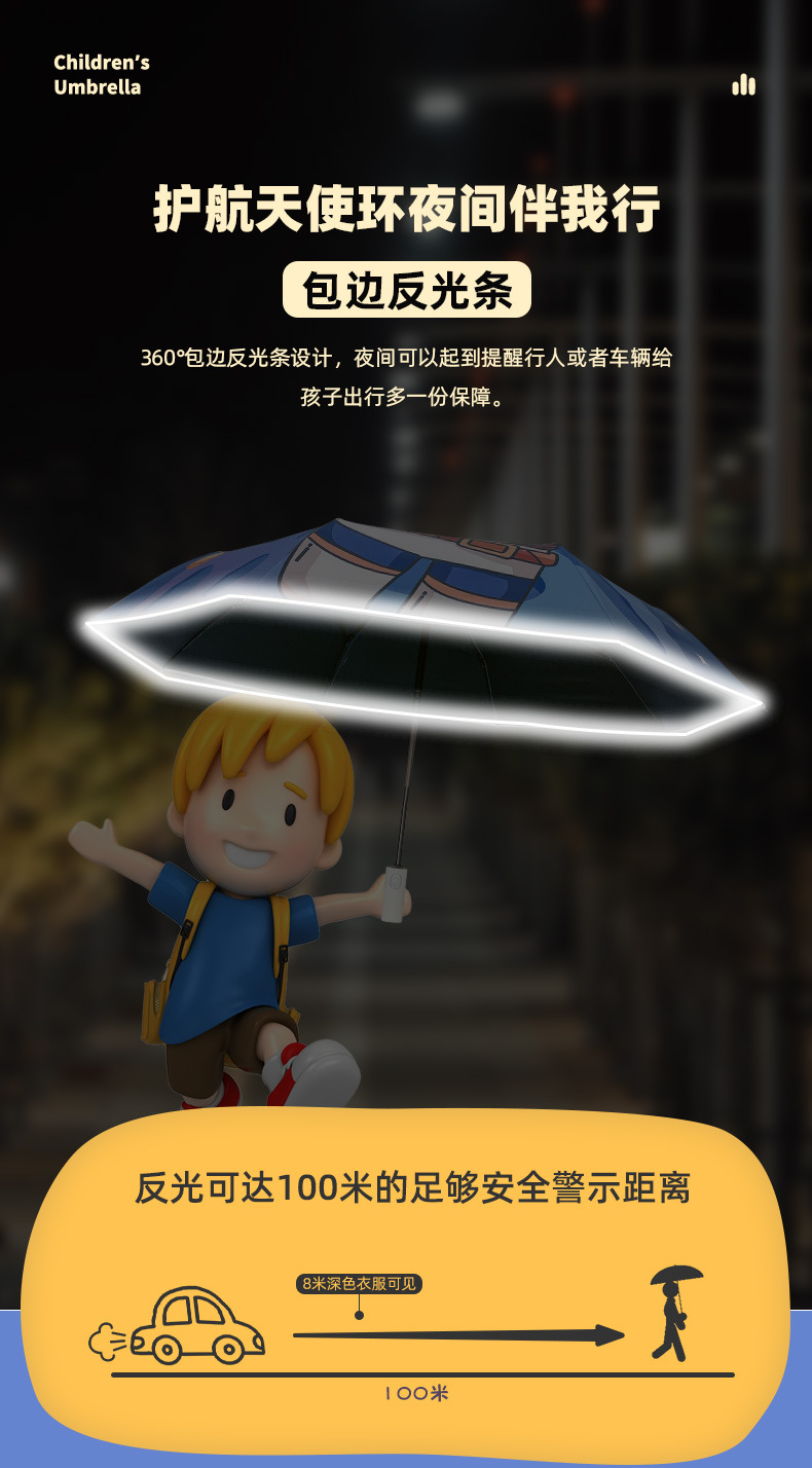 卡通便捷全自动防回弹儿童晴雨伞折叠黑胶反光条小学生儿童伞详情7