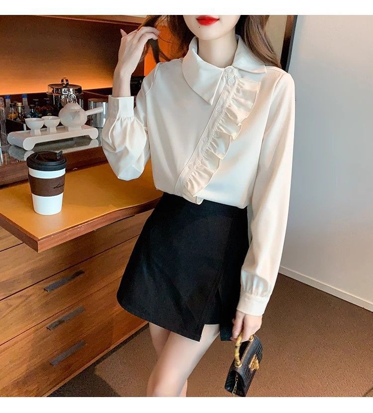 Irregular ruffled lapel shirt top for women, a unique and stylish autumn/winter 2025 new style shirt pic 12