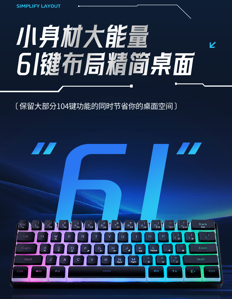 跨境61键发光游戏小键盘 商务办公便携迷你RGB有线电脑键盘批发详情6