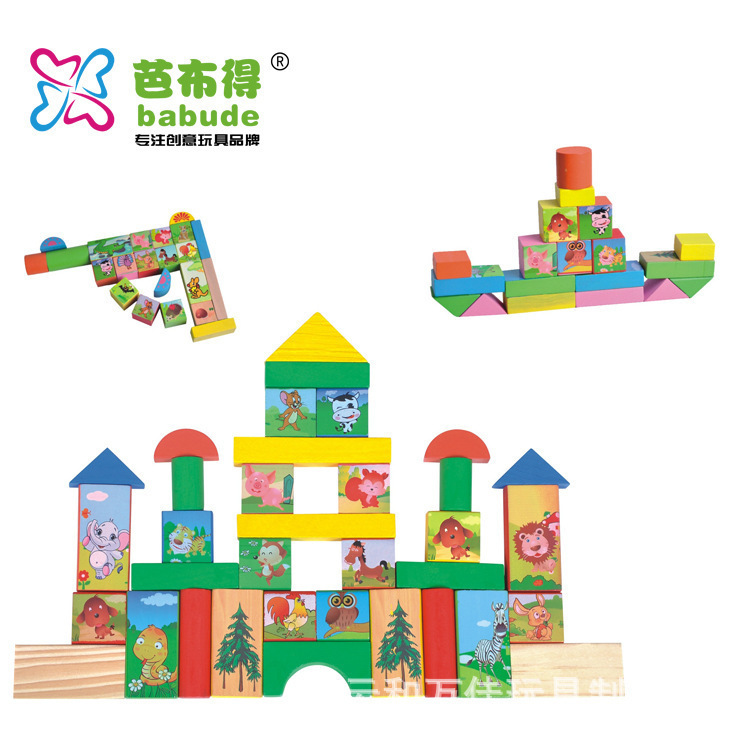 宝宝启蒙diy拼装玩具102粒森林动物儿童早教桶装木制积木玩具批发详情4