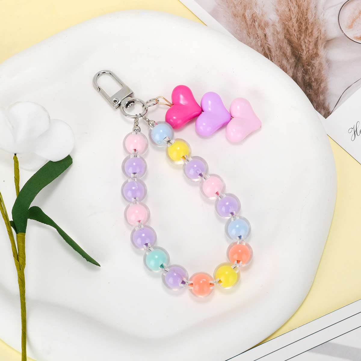 爱心挂扣新品男女送礼夏季日常推荐可爱马卡龙撞色彩虹珠串钥匙扣详情8