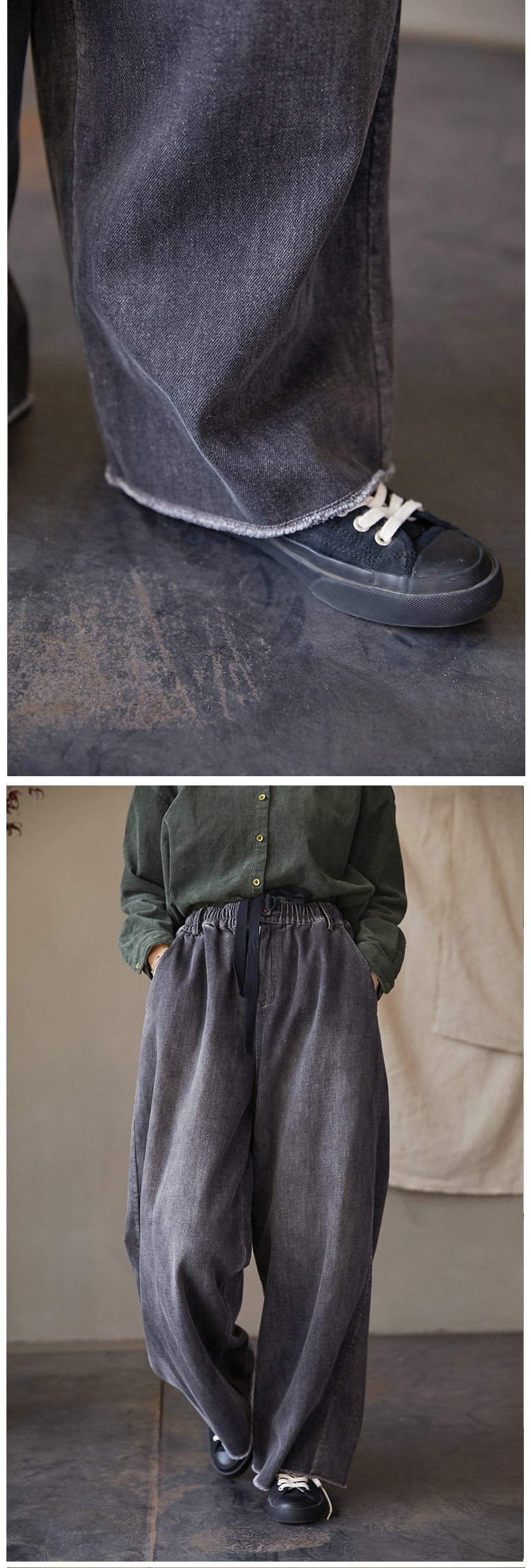 High-end, niche, artistic and retro, all-season wearable smoke grey retro tight-waisted wide-leg stray jeans for women pic 13