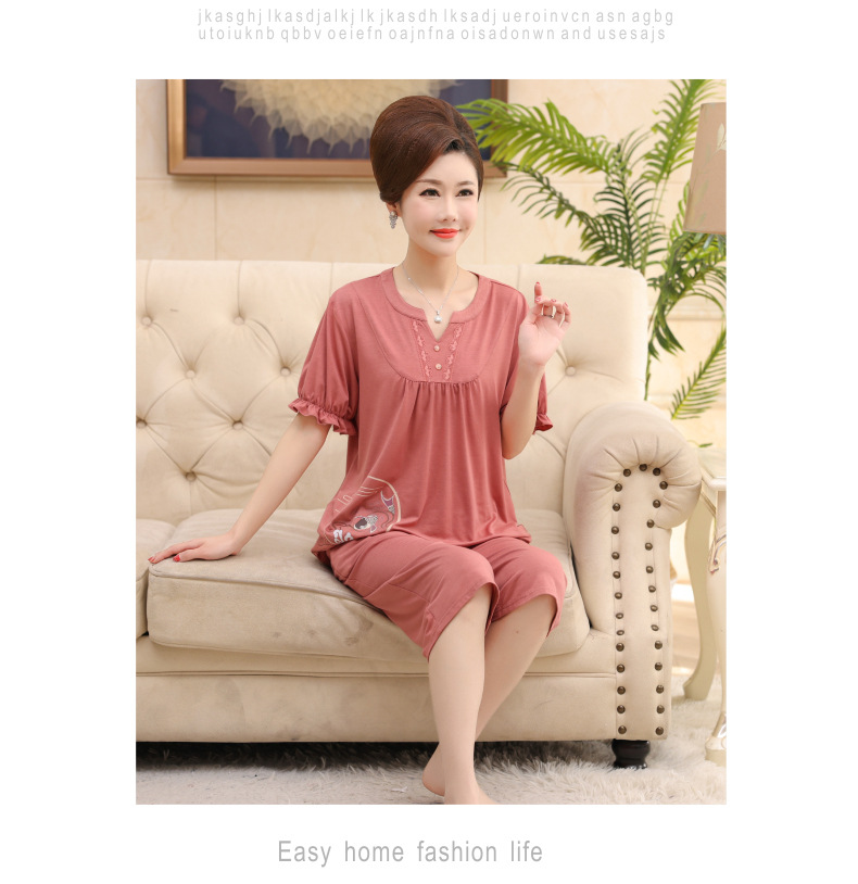 夏季莫代尔睡衣女短袖七分裤中老年妈妈套头宽松套装薄款家居服详情5