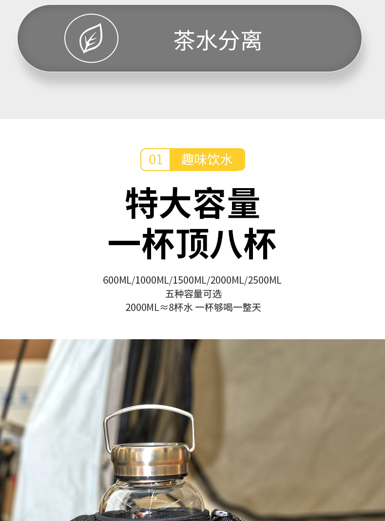 严选大容量玻璃杯高硼硅户外手提运动水壶便携带盖男泡茶随手杯子详情4