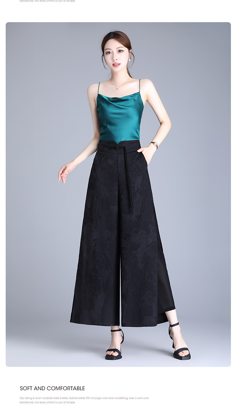 国潮新中式开叉提花冰丝阔腿裤女夏季薄款高腰垂感宽松妈妈休闲裤裙裤国潮详情13