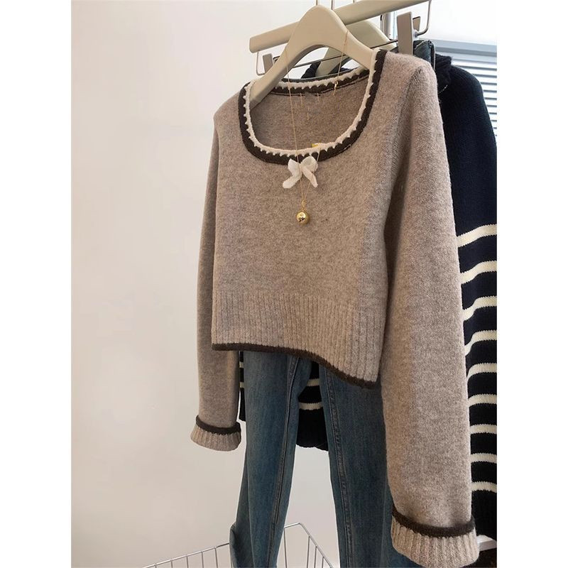 蝴蝶结方领长袖针织衫毛衣女春秋季韩系百搭修身新款打底衫上衣潮详情3