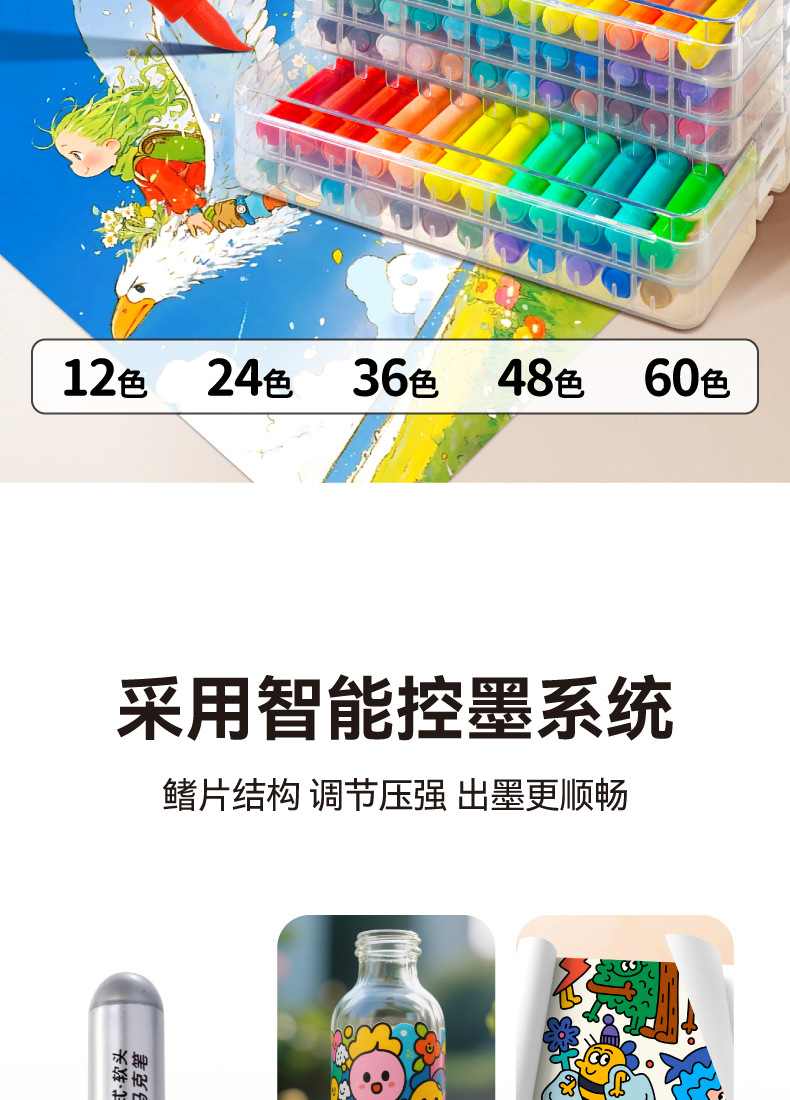直液式丙烯马克笔软头学生美术48色水彩笔不透色可叠色12色画笔详情2