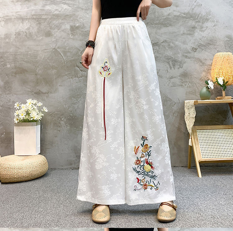 国潮绸面提花新中式民族风阔腿裤国风文艺刺绣花高腰休闲宽松长裤显瘦详情13
