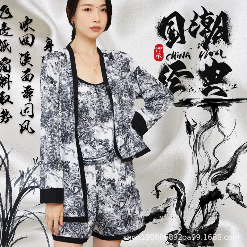 国潮春夏新款国潮水墨画居家服长款印花冰丝睡衣高级性感时尚四件套装详情1