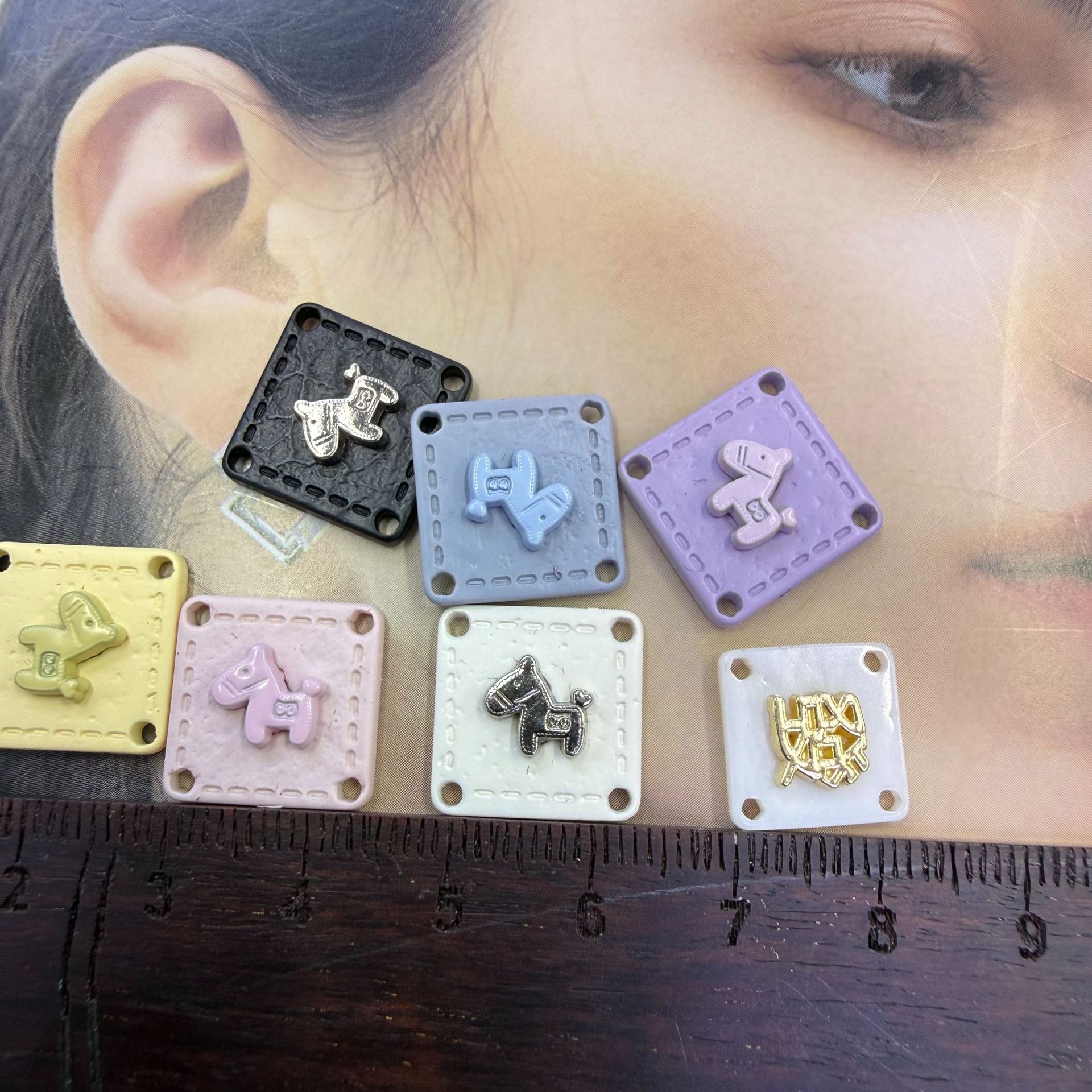 Little Horse Four-hole square double-piece resin m oval letter nameplate for clothes, socks, hats, decorations, hand-sewn nameplates pic 9