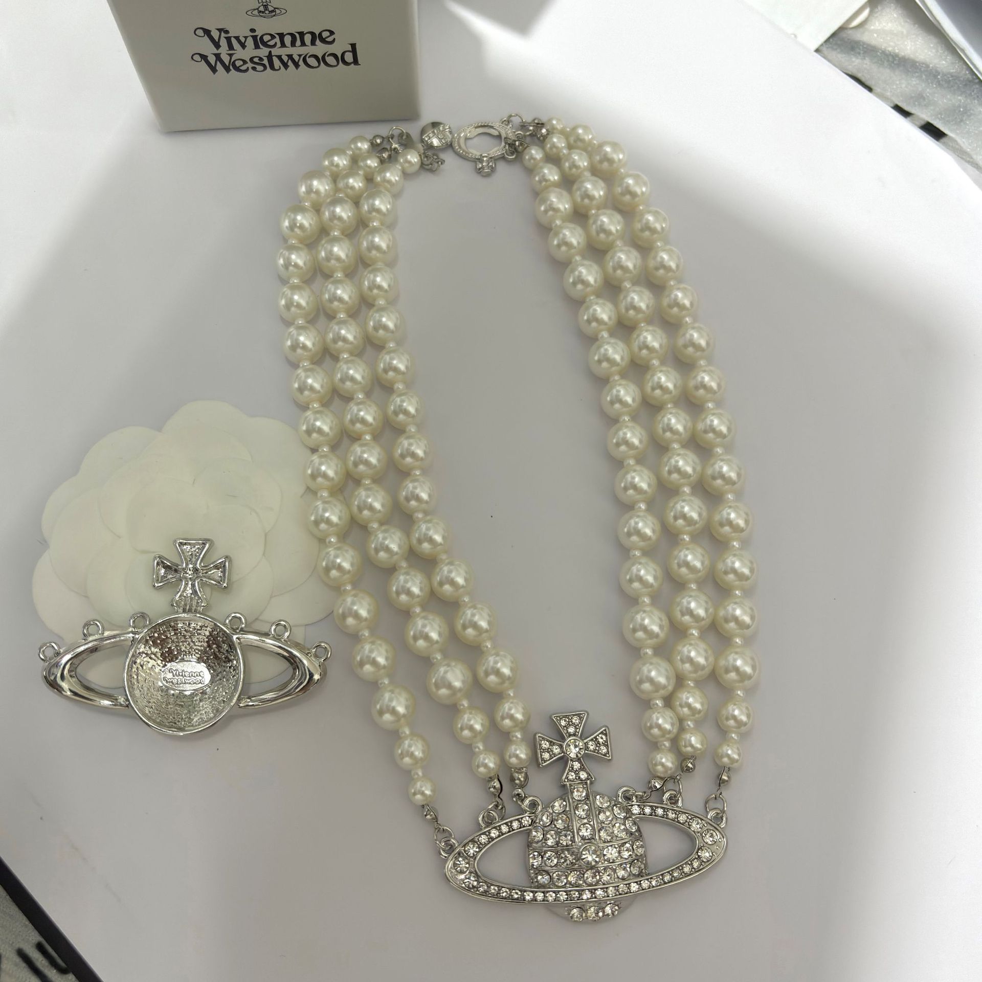 跨境爆款时尚复古三层亚克力珍珠满钻大土星项链夸张锁骨链颈链潮详情2