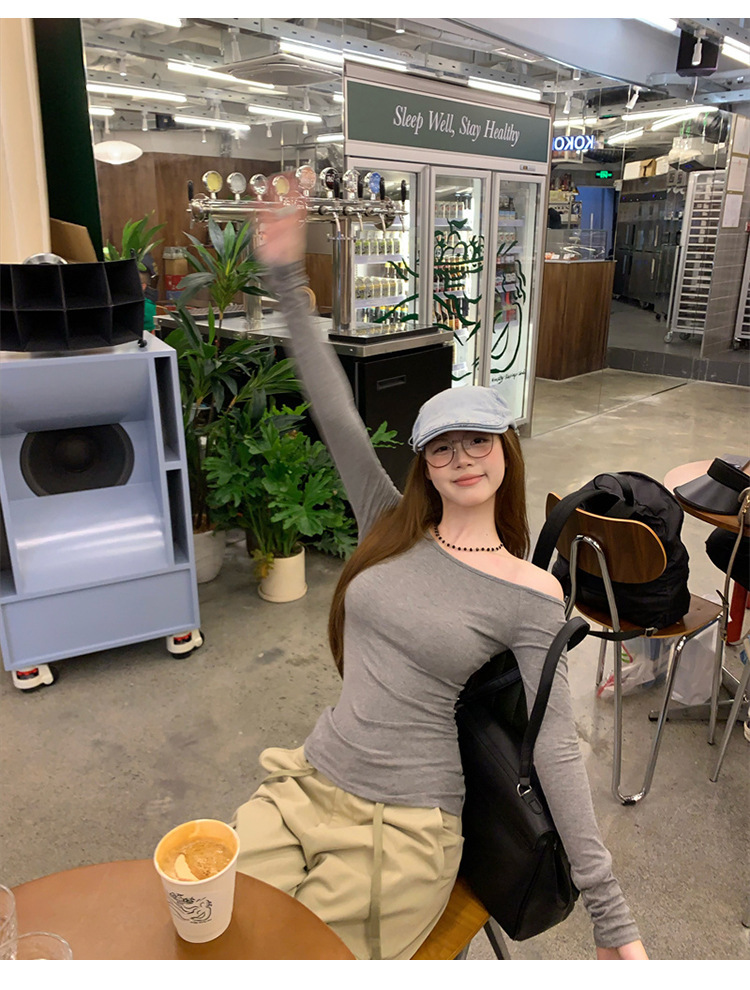 纯欲辣妹修身显瘦露肩长袖T恤女装早秋设计感百搭打底衫学生上衣详情5