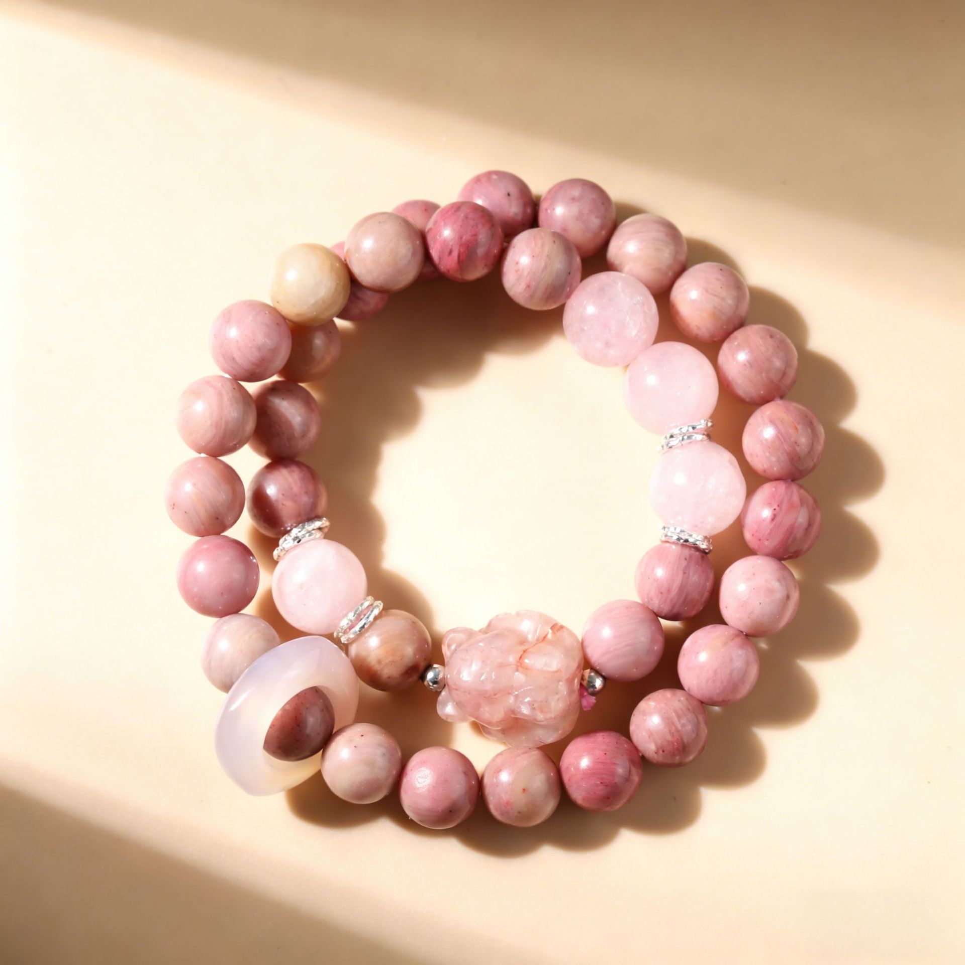 diy original design of natural rhodochrosite rose crystal double-loop bracelet, exquisite cultural and artistic style bestseller pic 2
