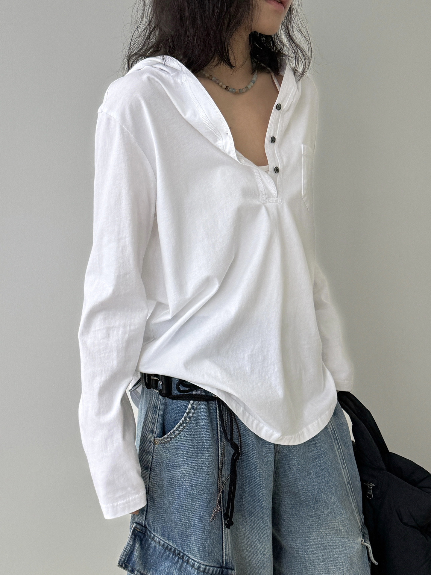 Spring and Summer new hooded Henry collar small pocket T-shirt, loose long-sleeved, laid-back top for women pic 9