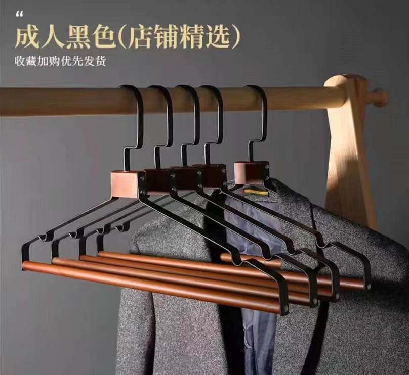 实木铁艺衣架金属宽肩无痕衣挂服装店家用裤架多功能轻奢铁木衣架详情3