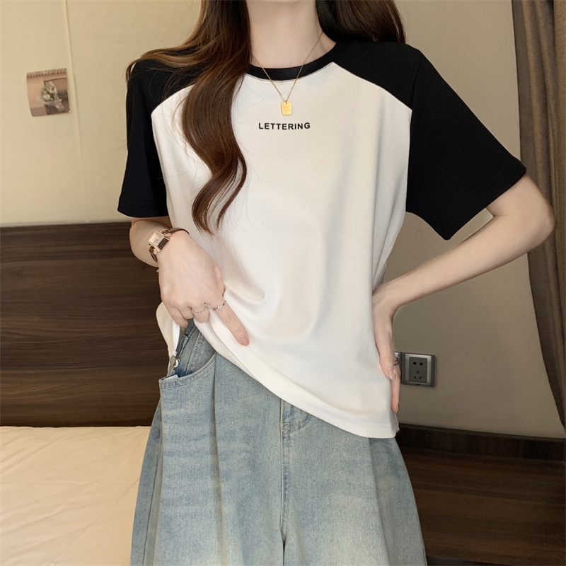 短袖T恤女夏季印花字母打底衫大码显瘦休闲正肩撞色抽绳上衣外穿详情3