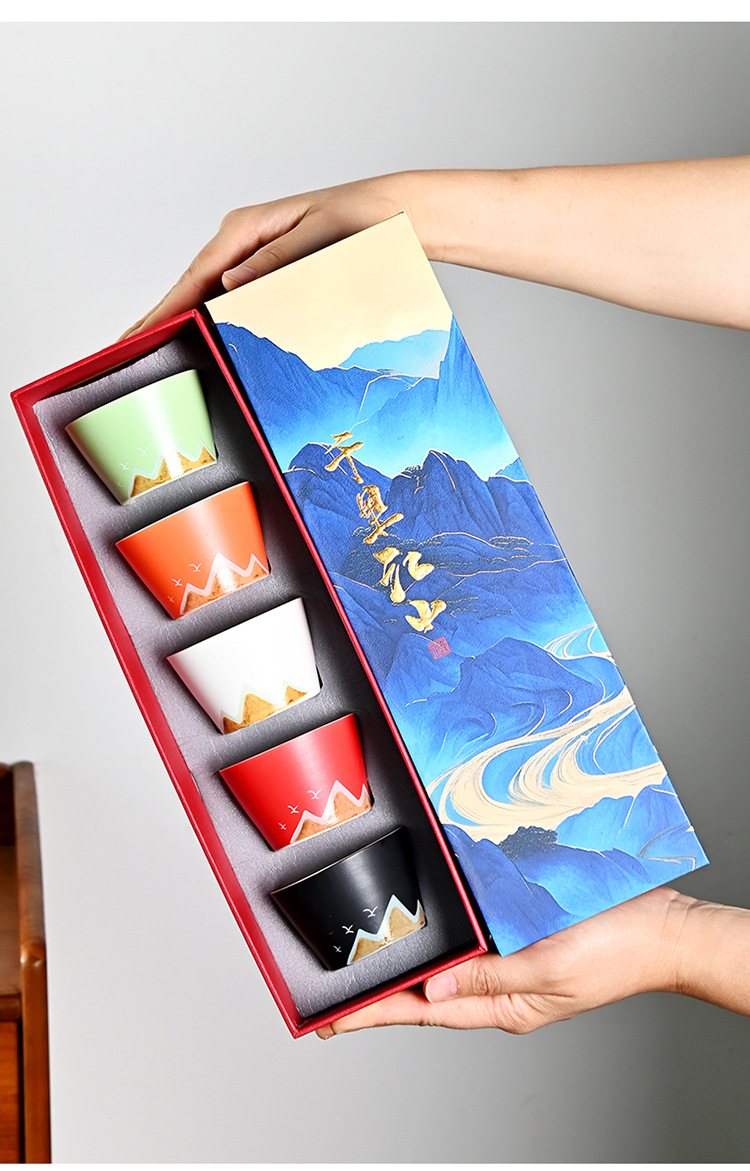 New Chinese-style five-color cups, thousand-mile river tea cups, ceramic tea sets, tea tasting cups, complete set of business small gifts pic 7