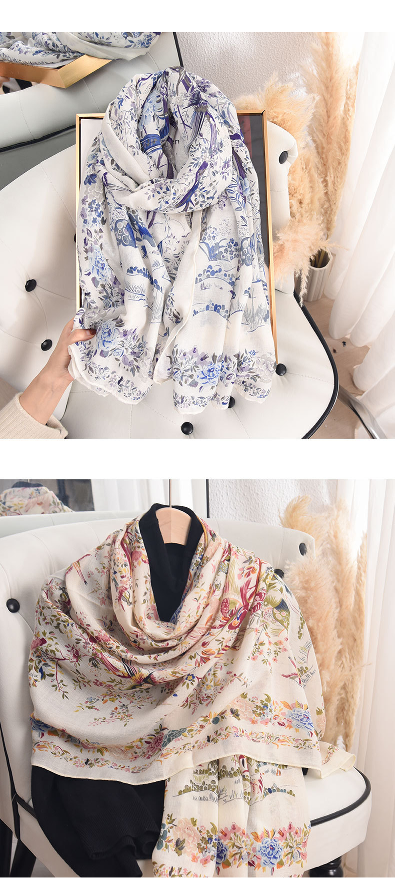 薄款小众仿棉麻田园风印花丝巾日韩女时尚气质披肩高级感节日礼物详情11
