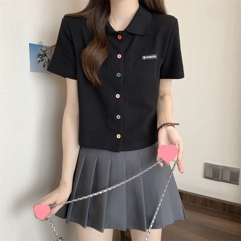 夏季大码胖mm学院风减龄彩色扣polo领正肩黑色短袖T恤女小衫上衣详情6