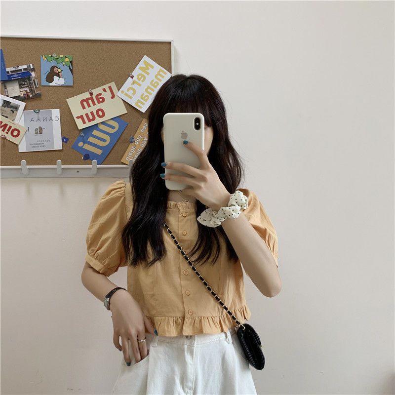 短袖衬衫女设计感小众夏季法式甜美减龄短款上衣方领小个子娃娃衫详情13