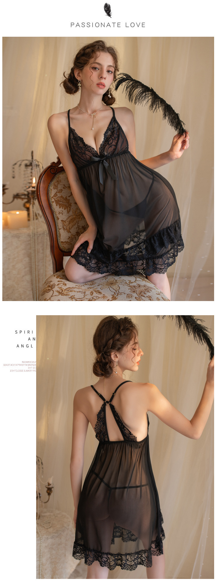 雅尼纺YANNI新款性感睡衣纯欲情趣内衣透视小胸女夏季蕾丝吊带火辣家居诱惑睡裙详情4