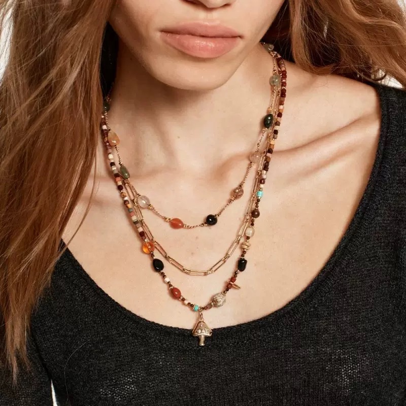 春夏新款日出蘑菇天然石彩色串珠项链小众设计叠戴复古毛衣锁骨链详情3
